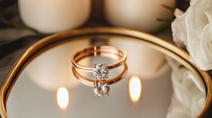 A rose gold engagement ring placed on a mirror reflecting soft candlelight