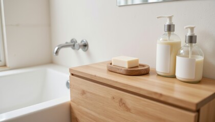 Fototapeta premium Modern Minimalist Bathroom with Natural Wood Vanity and Clean Aesthetic for Relaxation