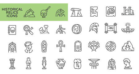 Historical Relics icons. Set of 31 relics trendy minimal icons. Ionic Column, Lyre, Greek Ship, Spartan Helmet. Design signs for web page, mobile app, packaging design. Vector illustration