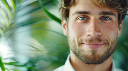 Friendly young male call center agent offers support with a bright smile, ensuring customer satisfaction and assistance.