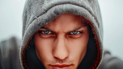 Fototapeta premium A teenage boy in a gray hooded jacket poses for a closeup portrait, creating an engaging and compelling image.