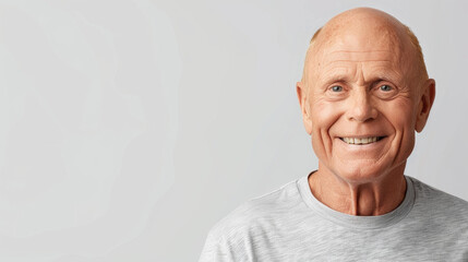 Obraz premium Happy older man in a grey tshirt with a bright smile, radiating warmth and positivity against a clean backdrop.