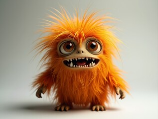 Playful orange hairy monster smiling and showing teeth