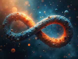 Infinity symbol emerging from cosmic dust and particles representing infinite possibilities