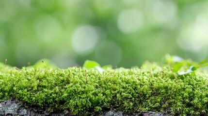 Lush green moss on tree bark, forest background, nature texture