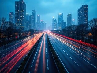 Light trails illuminating busy highway at twilight in shanghai, china