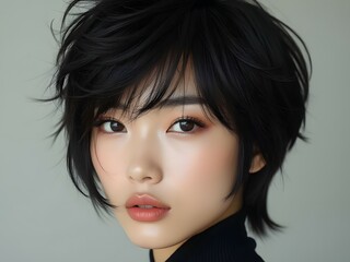 Portrait of Asian woman with trendy short mullet, bold black hairstyle, looking at the camera