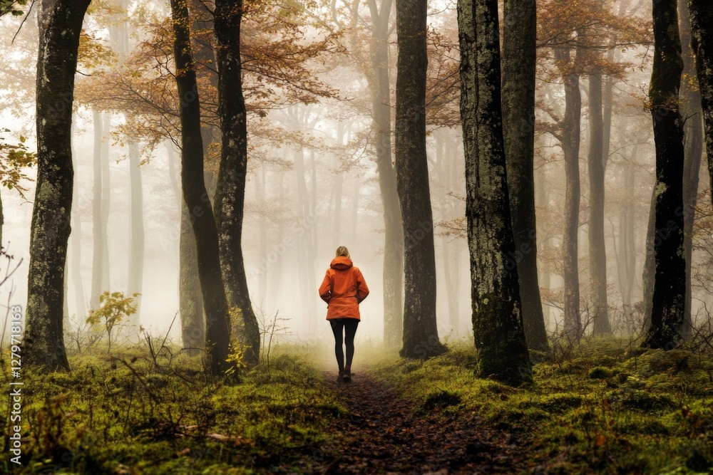 Aufkleber a person in an orange jacket walks along a narrow path in a dense forest filled with tall trees and 