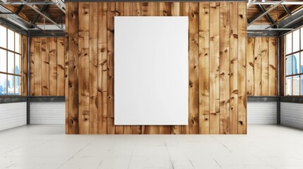 A sleek, minimalist poster stands ready in a modern space, surrounded by wooden walls and soft ambient lighting.