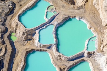 Turquoise ponds appear in unique shapes amidst a dry salt landscape, showcasing an active mining site under bright daylight in a remote location. Generative AI