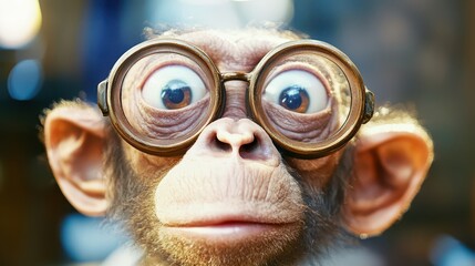 Monkey wearing glasses looks curiously at viewer