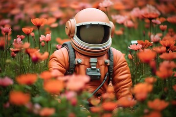 Astronaut in orange spacesuit surrounded by blooming orange poppies in garden field. Surreal space exploration concept combining nature and cosmos. Creative outdoor scene