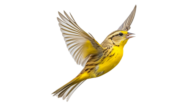 Vibrant yellow bird in mid flight with open wings