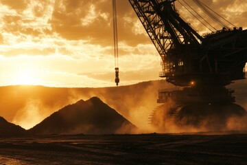 The sun sets over a mining site, casting golden light on the heavy machinery. Dust billows as the excavator works to move large mounds of material, creating a dynamic scene. Generative AI