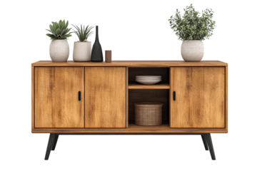 Modern wooden cabinet with plants and decor