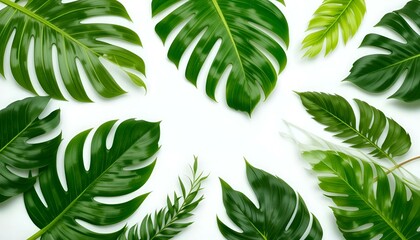 Tropical Leaf Flatlay Composition of various green leaves on white background, vibrant foliage, botanical. Tropical Plants, Green Leaves