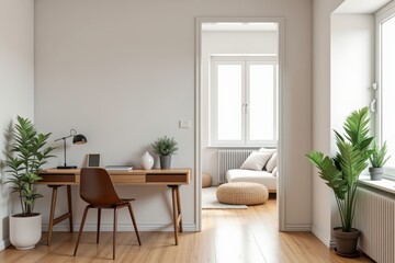 A Stylish and Modern Home Office Interior for Creative Professionals Featuring Plants, Natural Light, and Minimalist Decor