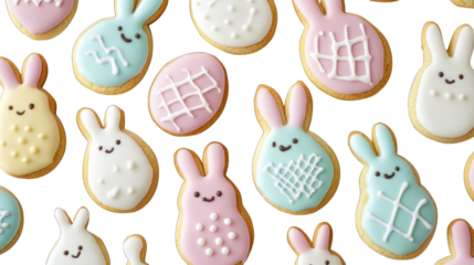 Easter Bunny baking vegan cookies shaped like rabbits and eggs, pastel icing, isolated on white background, 2025 plant-based food trend