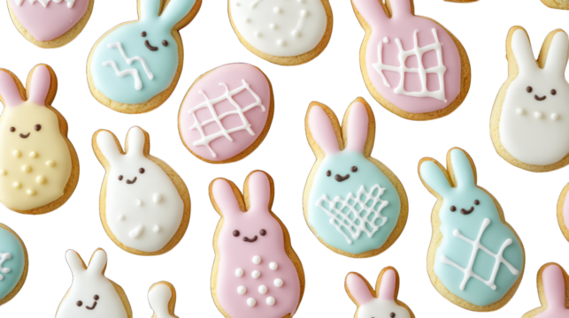 Easter Bunny baking vegan cookies shaped like rabbits and eggs, pastel icing, isolated on white background, 2025 plant-based food trend