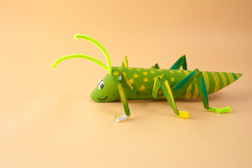Colorful DIY grasshopper craft made from recycled materials like cardboard tube, pipe cleaners, and googly eyes. Ideal for design projects, children crafts, and school educational activities.,