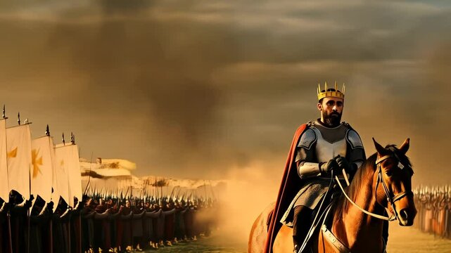 Medieval royal wearing ornate golden crown and gleaming armor leading armored cavalry, riding noble steed across dusty battlefield beneath dramatic cloudy sky