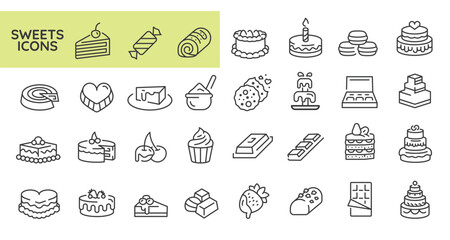 Sweet icons. Set of 30 trendy minimal icons representing various desserts and candies. Cupcake, Lollipop, Cookie, Gummy Bear icon. Design signs for web page, mobile app. Vector illustration