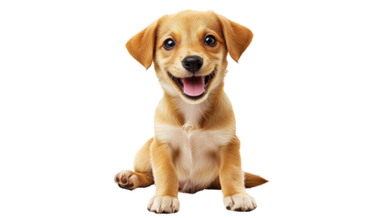 Happy puppy sitting with a big smile indoors