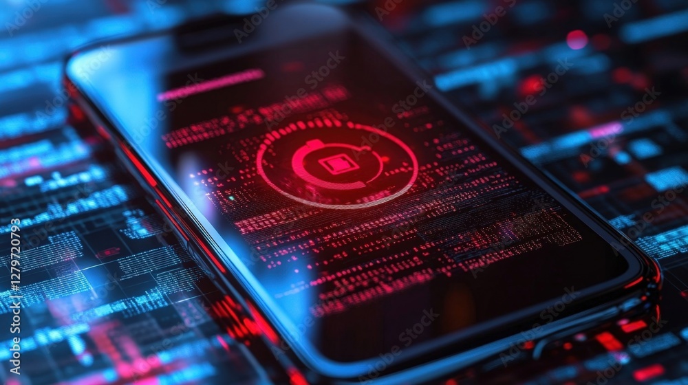 Poster cyber security software running on a smartphone is protecting user data and privacy, with a futurist