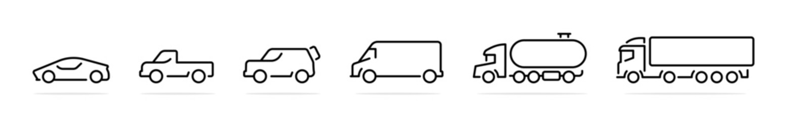 Car icons set. Outline car icons, different types of transportation. Types of transport