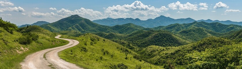 Fototapeta premium Scenic Winding Road Through Lush Green Mountains Under Blue Sky with White Clouds
