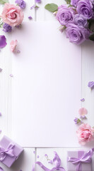 A blank letterhead with a lavender background, decorated with flowers and gift boxes, presenting an elegant, high-end feel with a symmetrical composition and clean lines.