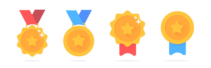 Medal icons. Winner award prize medals. Golden medal award. Set of trophy or awards for winners. Metal symbols of success, championship and triumph.