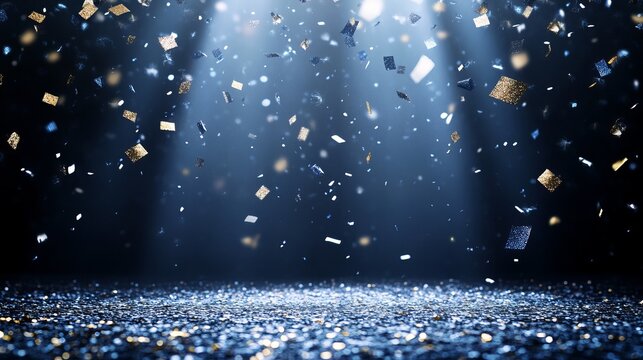 Elegant Blue and Gold Confetti Celebration Background Festive Sparkle Shiny Digital Design Abstract Party New Year Holiday Texture Background Image   