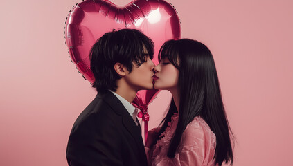 A man in a suit and a woman with long, straight hair kiss in front of a heart-shaped balloon against a pink background.