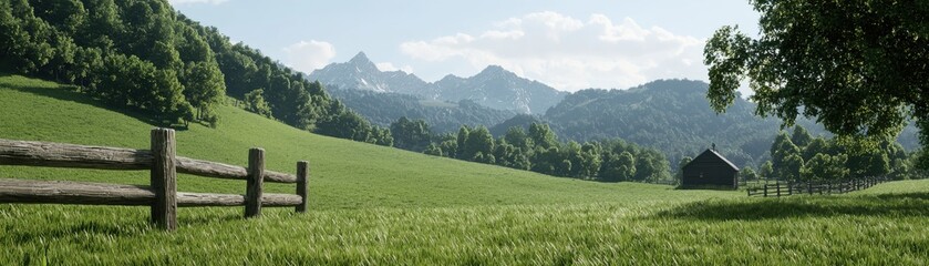 Fototapeta premium Serene Landscape with Lush Green Fields and Majestic Mountains Under Clear Blue Sky