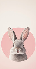 Obraz premium A cute little rabbit is peeking out of a small pink circle on a white background in a minimalist style.Minimal creative Easter holiday advertise concept.Copy space,flat lay