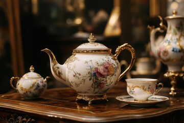 Antique porcelain tea set on wooden table