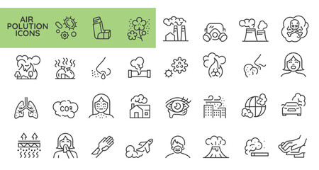 Air Pollution icons. Set of 31 air pollution trendy minimal icons. Factory smoke, Wildfire, car emission, Industrial smoke. Design signs for web page, mobile app, packaging design. Vector illustration