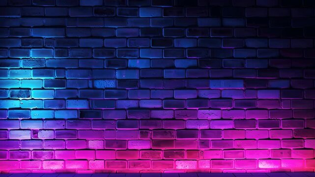 Black brick wall background with neon lighting effect from pink and purple to blue, Ai Generated.
