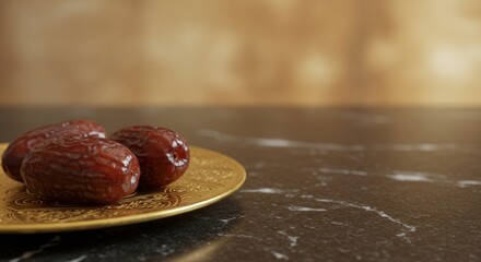 luxurious gold dates with elaborate details on dark blue setting ideal for ramadan decorations in different settings