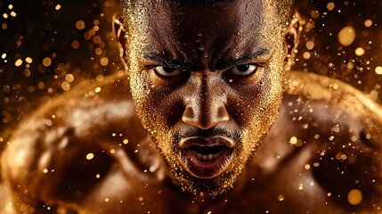 Close-up of a muscular Black man, glistening with sweat and gold-toned dust, his intense expression conveying power and determination.