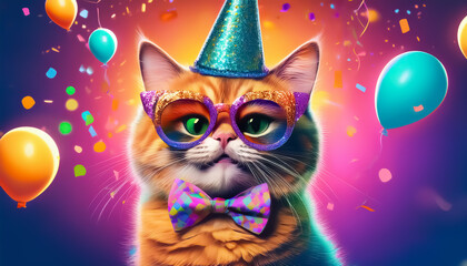 Colorful Cat Party: Feline in Colorful Hat and Bow Tie with Glasses Celebrates with Balloons