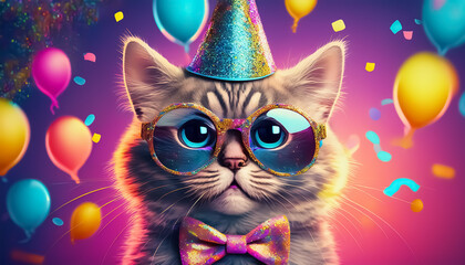 Colorful Cat Party Celebration with Balloons and Party Hat