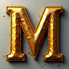 Obraz premium Golden textured uppercase letter M in 3D rendering on grey surface with scattered flakes M78F9K