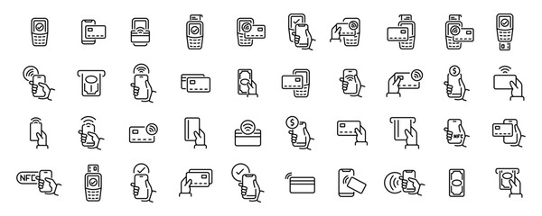 Payment icons. Money transfer. Online payment. Payment options. Payment linear icon set. Credit card,terminal,smartphone, cash money. Pay with Phone