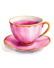 delicate pastel pink teacup with matching saucer, beautifully illustrated in watercolor