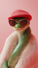 Obraz premium A surreal photo of green snake wearing sunglasses, a red hat, and a beige fur coat.Minimal creative fashion concept with copy space.