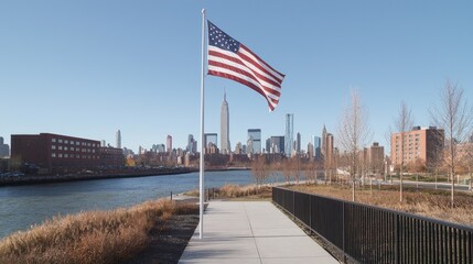 American flag waving, NYC skyline view, waterfront park