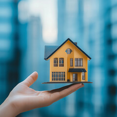 A hand holds a model house against a blue city  background, creating a professional real estate agent logo design template.