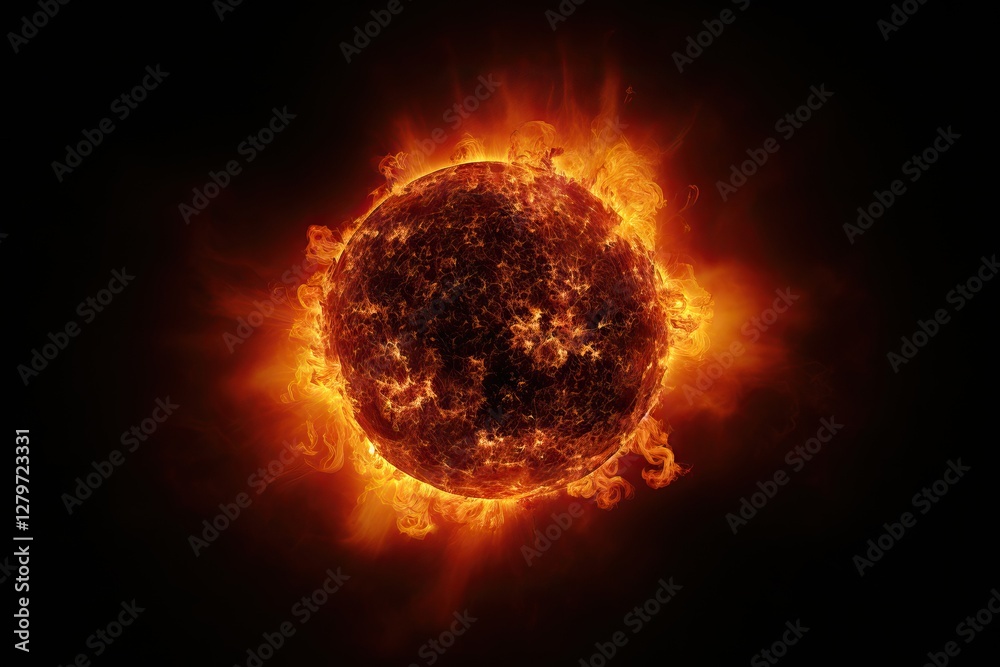 Wall mural burning sun with solar flares and corona against black space background. star explosion and plasma e